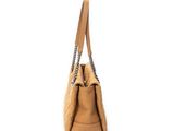 a tan purse with a chain strap and a shoulder strap