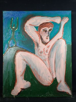 un tableau représentant un homme assis par terre