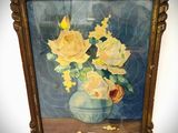 a painting of yellow roses in a vase on a table