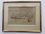 dessin encadré représentant une vue d'une ville avec des bateaux sur l'eau