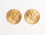 two gold coins on a white surface with a white background