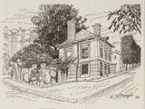 an ink drawing of a house on the corner of a street