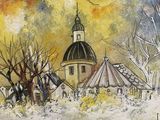 painting of a church in a snowy landscape with a full moon in the sky