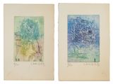 two watercolor paintings of a man and a woman sitting on a bench