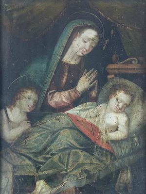 an image of a painting of a woman holding a baby in her lap