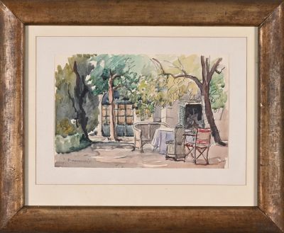 an image of a watercolor painting of a table and chairs in a park