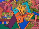 un tableau représentant un homme et un chat posés sur une table