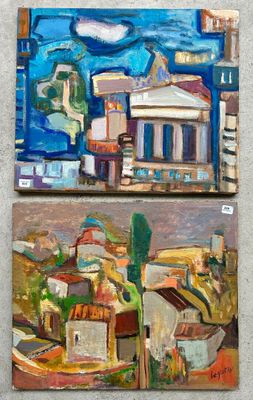 two paintings of a building and a boat on a wall