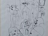 drawing of a group of people standing in a line in front of a building