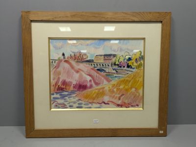 aquarelle encadrée représentant un paysage avec un pont au-dessus d'une rivière