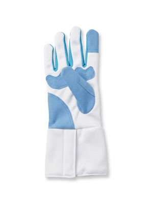 a pair of white and blue gloves on a white background