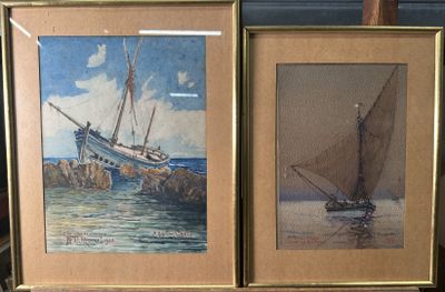 painting of a boat and a sailboat in a frame on a table