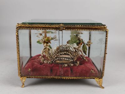 a glass box with a crab inside of it on a red cushion