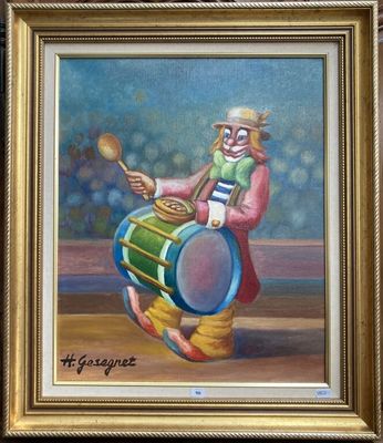 une peinture à l'huile représentant un clown jouant du tambour avec une cuillère en bois