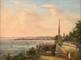 an image of a painting of a view of a city with a church steeple in the distance