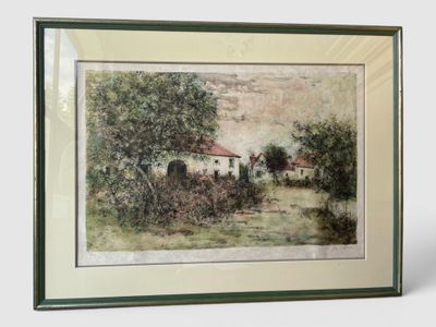 framed picture of a painting of a farm scene with a house in the background