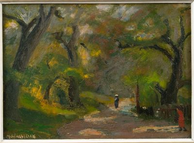 an oil painting of a person walking down a path in a park