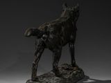 statue of a dog standing on a rock with a shadow on the ground