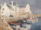 a painting of boats docked in a harbor on a cloudy day