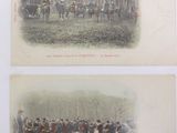 deux vieilles cartes postales représentant un groupe de personnes et des chevaux dans une forêt