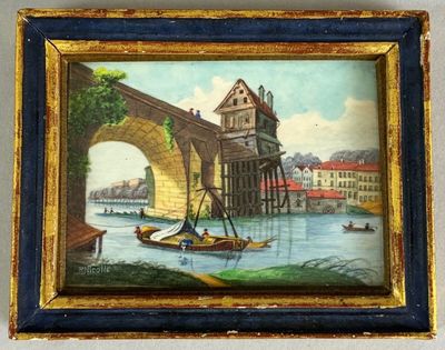 a picture of a painting of a bridge over a river