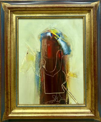 an image of a painting of a woman with a blue hat