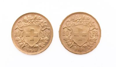two gold coins, one with a shield and the other with a crown