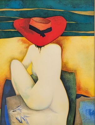 an image of a painting of a nude woman in a red hat