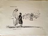 un vieux dessin représentant un homme et une petite fille debout devant une foule