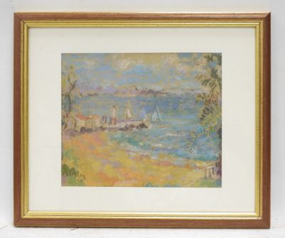 painting of a sailboat on the ocean with a beach in the background