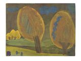 painting of three trees in a field with a blue sky in the background