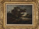 une peinture à l'huile représentant un paysage avec des arbres et une rivière