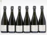 six bouteilles de vin sont alignées sur une surface blanche