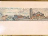 framed watercolor painting of a city with a bridge and a clock tower