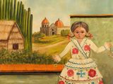 un tableau représentant deux enfants debout devant un tableau