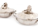 pair of silver plated dishes with handles and handles