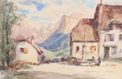 a painting of a horse drawn carriage in front of a house
