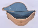 a wooden box with a blue lid on a white surface