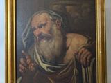 tableau représentant un vieil homme barbu tenant une canne