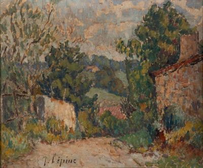 an image of a painting of a country road with a house in the background