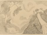 un dessin représentant une femme debout sur une colline, un oiseau dans la main