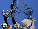 painting of a group of cartoon characters standing in front of a satellite dish
