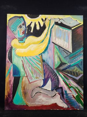 une peinture à l'huile représentant un homme jouant du piano en compagnie d'un chien