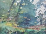 an oil painting of water lillies and trees in a forest