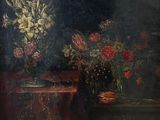 painting of a still life of flowers and fruit on a table