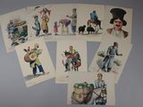 six cartes postales représentant des personnes et des animaux sur un fond gris