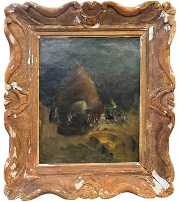 an oil painting of a dog and a group of sheep in a landscape