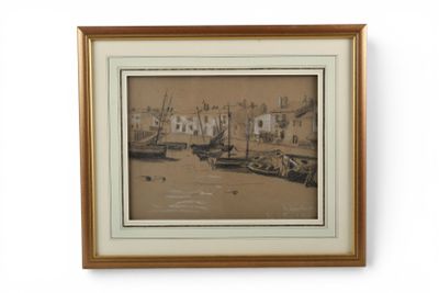 tableau encadré représentant des bateaux dans un port, avec des bâtiments en arrière-plan