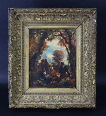 une peinture représentant un groupe de personnes dans un cadre boisé
