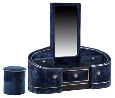 an image of a blue vanity with a mirror and stool